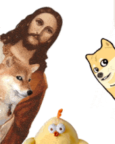 jesus with a dog and a stuffed chicken behind him