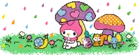 a pixel art of my melody sitting under a mushroom surrounded by animals