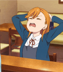 a cartoon girl sitting at a table with her mouth open