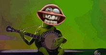 a cartoon frog is playing a banjo with the number 66 on its face