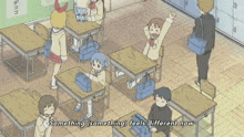 a cartoon drawing of a classroom with the words something something feels different now