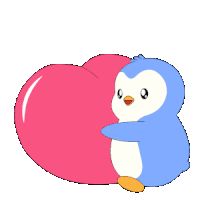 a blue penguin is hugging a pink heart on a white background