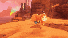 a video game character is riding a monkey in the desert
