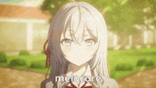 a close up of a girl with the word melocore written on the bottom