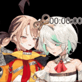 two anime girls standing next to each other with a countdown of 00:00