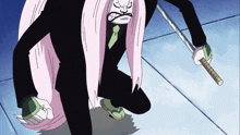 a cartoon character is kneeling down with a sword in his right hand