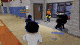 a video game is being played in a hallway and a quest is being completed