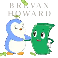 a cartoon of a penguin holding a dollar bill with the name brevan howard written above it