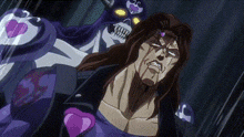 a cartoon character with a skull on his head is standing next to a man with long hair .