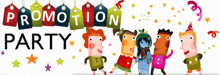a poster for a promotion party with a group of people