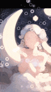 a painting of a woman holding a crescent moon with the words inshot at the bottom