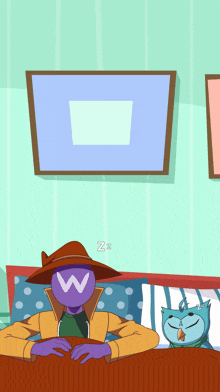 a cartoon of a man sleeping next to a cat