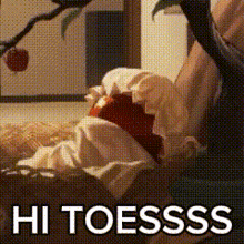 a person laying on a bed with the words hi toesss written on the bottom
