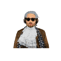 a man wearing a wig and sunglasses has headphones on his ears