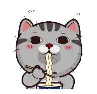 a cartoon cat eating noodles with chopsticks from a cup