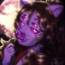 a girl with purple eyes and a rose in her mouth is holding a flower .