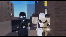 two roblox characters are standing next to each other and one has a lantern on his back