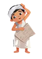 a cartoon drawing of a boy holding a newspaper with the name @mileadoodles written on the bottom