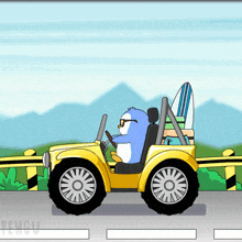 a penguin is driving a yellow car with a surfboard on top