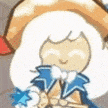 a cartoon character with white hair and a hat is holding a star in her hand .