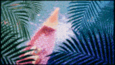 a painting of a pink flamingo surrounded by palm trees
