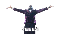 a man in a purple tuxedo is standing with his arms outstretched and says yeees