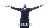 a man in a purple tuxedo is standing with his arms outstretched and says yeees
