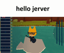 a cartoon cat playing a guitar in the water with the words hello jerver below it