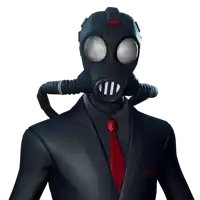 a man in a suit and tie has a gas mask on his face