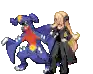 a pixel art of a girl standing next to a blue pokemon .