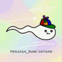 a cartoon drawing of a sperm wearing a colorful hat with the words penjaga bumi datang below it