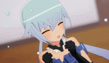 a girl with blue hair and black gloves is laying down