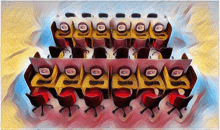 a painting of a group of people sitting in rows