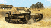 a tank is driving through a field with a made with rika logo in the corner