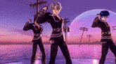 a group of anime characters are dancing in front of a body of water