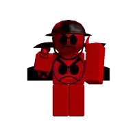 a red robot with a helmet and a gun has a sad face on his face