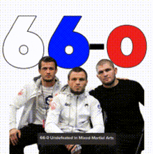 three men are posing for a photo with the number 66-0 in the background