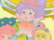 a cartoon girl with purple hair and a bow on her head