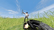 a screenshot of a video game shows a man with a cane standing over a man laying on the ground