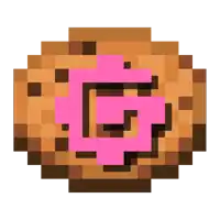 a pixel art of a cookie with a pink frosting and a letter g in the middle .