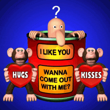 a cartoon of monkeys holding hearts that say hugs kisses and i like you