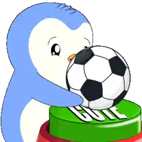 a cartoon penguin is holding a soccer ball in its mouth