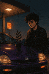 a drawing of a man standing next to a purple honda