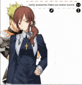 a woman with a cross necklace is standing next to a man with a sword