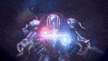 a robot with a red and blue light coming out of it 's eyes