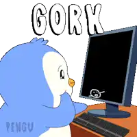 a cartoon penguin is looking at a computer screen with the word gork above it