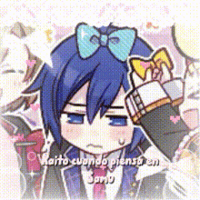 a cartoon drawing of a boy with a bow on his head and the words " kaito cuando piensen " on the bottom