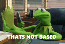 kermit the frog is sitting at a desk with his feet up and the words that 's not based behind him