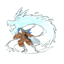 a drawing of a person holding a sword with a dragon in the background