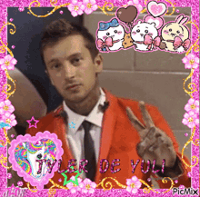 a picture of tyler de yulli with a pink frame around him